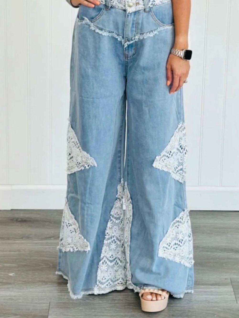 POL wide leg lace patch jeans